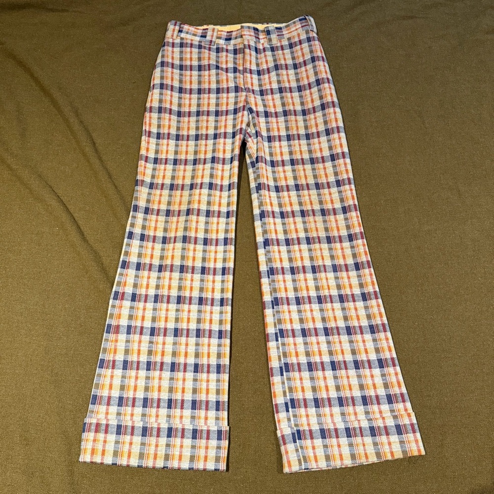 Vintage 70s Plaid Flare Trousers Fortell Canada 30 Waist Bell Bottom Cuffed Pant